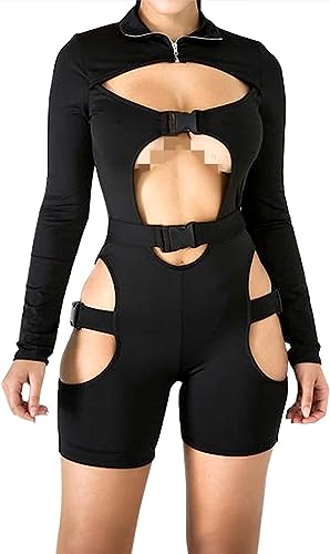 Spocrie Womens Long Sleeve Bodycon Jumpsuit Buckle High Neck Zipper One Piece Romper Biker Clubwear - Black - Large