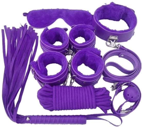 Astellarie 7Pcs Bondage Handcuff Bed Restraint Straps Kit Set for Fetish Play BDSM Wrist Ankle Restraint Cuffs Blindfold Whips Toys Adults Women Men Couples - Purple