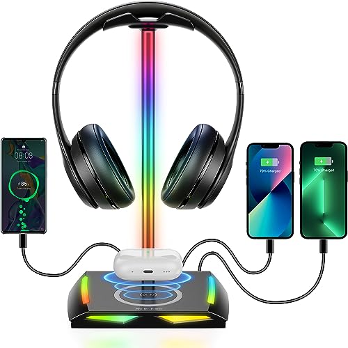 New bee RGB Headphone Stand with Wireless Charging and 2 USB-C & 1 USB Charging Ports, Desk Gaming Headset Holder with 7 Light Modes and Non-Slip Rubber Base Suitable for All Earphone Accessories - Black
