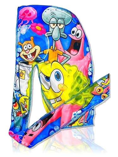 CROWN Silky Anime Durag 360 Wave with Quadruple Stitching - Satin Fabric for Comfort and Compression - Blue Sponge Pink Pat