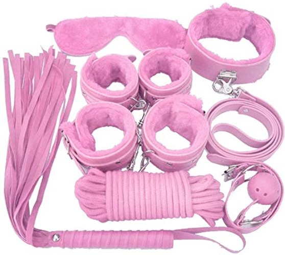Astellarie 7Pcs Bondage Handcuff Bed Restraint Straps Kit Set for Fetish Play BDSM Wrist Ankle Restraint Cuffs Blindfold Whips Toys Adults Women Men Couples - Pink