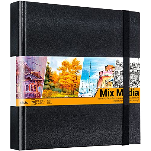 Mix Media Pad Ohuhu Square 8.3"x8.3" Mixed Media Art Sketchbook 120 LB/200 GSM Heavyweight Papers 78 Sheets/156 Pages PU Hardcover Mixed Media Paper Pad for Artist Drawing Book Sketching Pad - 8.3×8.3 IN
