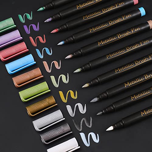 Sunshilor Metallic Marker Pens Brush Tip Metallic Brush Pens for Black Paper, Calligraphy, Lettering, Rock Painting, Halloween Pumpkin, Easter Egg, Ceramics, Wine Glass, Scrapbook Crafts, 10 Colors - Brush Tip