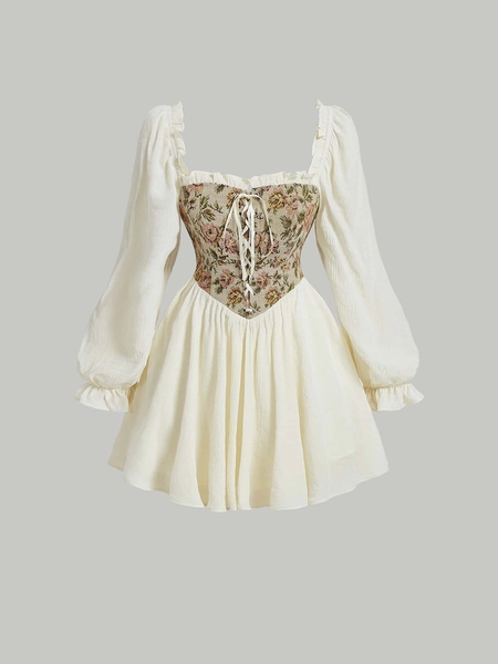 SHEIN MOD Floral Jacquard Grommet Lace Up Front Frill Trim Dress