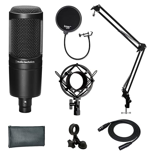 Audio-Technica AT2020 Condenser Studio Microphone with Knox Gear Filter, Boom Arm, Cable and Shock Mount Bundle (5 Items)