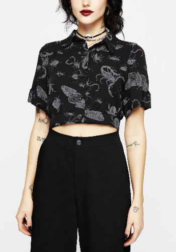 Parasite Bugs Short Sleeve Crop Shirt - Black | UK 16