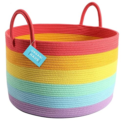 OrganiHaus Rainbow Decor Extra Large Cotton Rope Storage Basket w/Handles 50x33cm, Rainbow Toy Storage Basket for Organizing, Rainbow Basket for Classroom Organization, Rainbow Laundry Basket - Extra Large - Rainbow