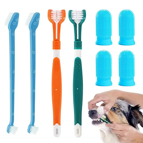 Dog Toothbrush Set, 2 Pack Triple Heads Dog Toothbrushes with 4 Pet Finger Toothbrushes, 2 Dual-Dead Toothbrush, Multi-Angle Dental Teeth Cleaning Products for Small Medium, and Large Pets