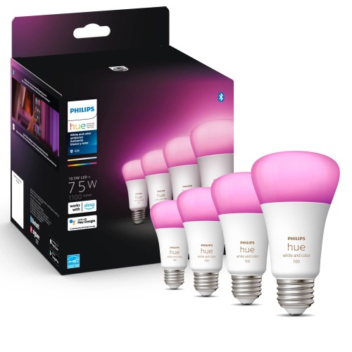 Philips Hue 4-Pack White and Color A19 Medium Lumen Smart Bulb, 1100 Lumens, Bluetooth & Zigbee Compatible (Hue Hub Optional), Compatible with Alexa & Google Assistant - 
