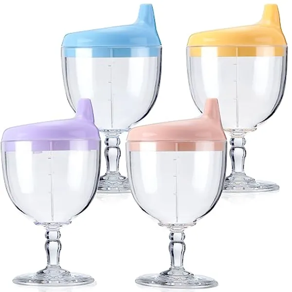 4 Pcs Wine Sippy Cup Goblet Plastic Wine Glass Sippy Cup Beverage Mug with Lid Milk Bottles for Toddlers over 8 Months for Baby Kids Birthday Christmas Party Celebration, Blue, Pink, Yellow, Purple