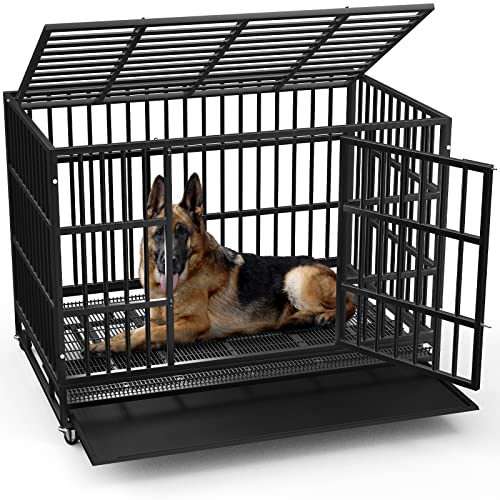 LEMBERI 48/38 inch Heavy Duty Indestructible Dog Crate, Escape Proof Dog Cage Kennel with Lockable Wheels,High Anxiety Double Door,Extra Large Crate Indoor for Large Dog with Removable Tray - 47.2"L x 30.7"W x 36.0"H - Black