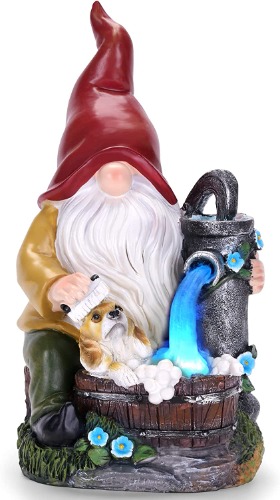 Garden Gnome Statue, Gnome Decoration for Yard with Blue Solar Light, Patio Porch Yard Garden Decor for Outside, Lawn Ornament - Red