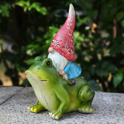CYnice Garden Gnome Statue Outdoor Decor- Spring Garden Gnomes Sitting on Frog Statue for Garden Yard Patio Lawn Decorations,Gnome Gifts - Frog Gnome