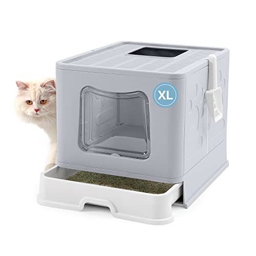 Bolux Foldable Cat Litter Box with Lid, Extra Large Litter Box with Cat Litter Scoop, Drawer Type Cat Litter Pan Easy to Scoop & Low Tracking (Grey XL) - X-Large - Grey