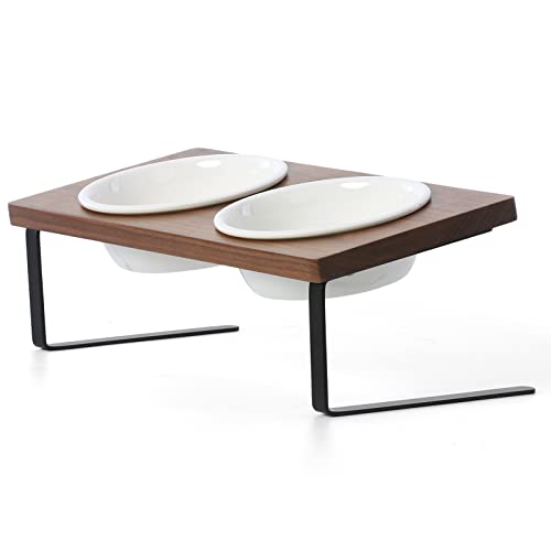 FUKUMARU Elevated Cat Ceramic Bowls, Small Dog 15°Tilted Raised Food Feeding Dishes, Solid Walnut Water Stand Feeder Set for Cats and Puppy - Walnut - Ceramic
