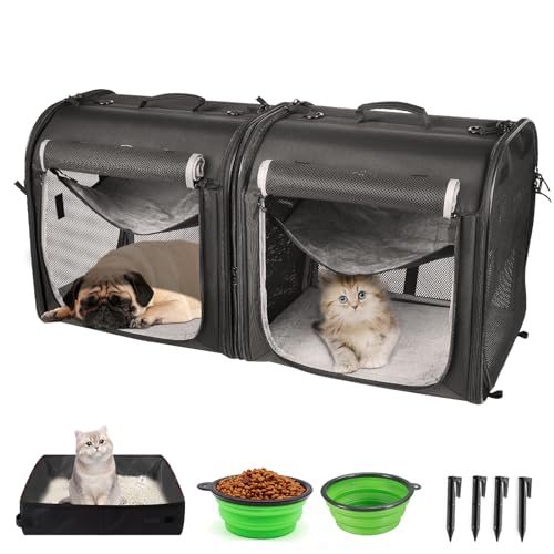 Wakytu Portable 2-in-1 Pet Carrier for Medium Dogs Large Cat Carrier for 2 Cats Travel Double Dog Crate Set with Portable Carry Bag/Hammocks/Mats/Tent Stakes/2 Pcs Pet Bowls for Outdoor Camping