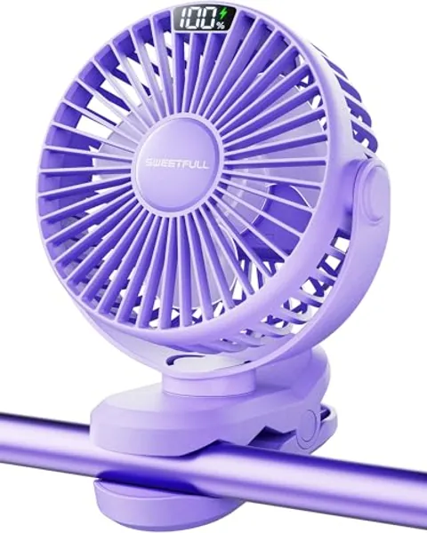 SWEETFULL Portable Clip on Fan - Battery Operated Stroller Fan, 4000mAh Small Rechargeable Fan with LED Display, 4 Speeds, Mini Personal Cooling Desk Fan for Golf Cart Travel Camping Gym (Purple) - Purple