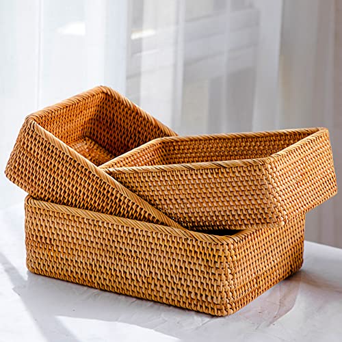 ZENFUN 3 Pack Rectangular Rattan Storage Baskets, Bulk Shallow Wicker Baskets for Decor, Handmade Woven Nesting Bread Baskets for Organizing, Serving, for Kitchen, Home, 3 Sizes