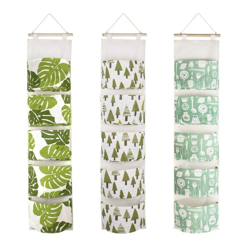 MOTASOM 3Pcs Over The Door Hanging Storage Bag, Waterproof Wall Closet Organizer with 5 Pockets, Linen Fabric Wall Hanging Mounted Organizer Pocket for Room Bathroom Bedroom Kitchen - Leaf+tree+tableware