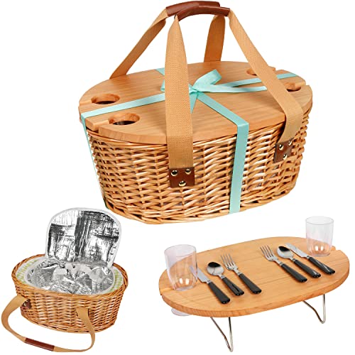 Hap Tim Wicker Picnic Basket Set for 2 with Mini Folding Wine Picnic Table & Large Insulated Cooler Bag & Cutlery Service Kits for 2 Person, Couples Gifts, Wedding Gifts (CA-Y2209-2-GR) - Geen - Two -person