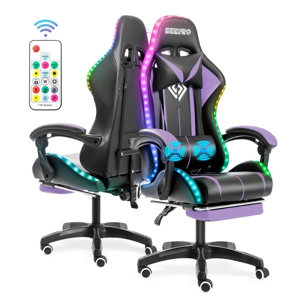 Gaming LED Massage Chair with Footrest - Purple