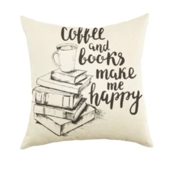 Ogiselestyle Throw Pillow Cover Coffee And Books Make Me Happy Quote Motivational Sign Reading Decoration Cushion Cover with Words for Book Lover Sofa Couch Home Decor Cotton Linen Pillow Case 18"x18"