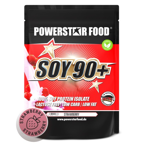 Powerstar SOY 90+ | Vegan Protein Powder 1kg | Gemaakt in Duitsland | Niet-genetisch gemodificeerd | Soy Protein Isolate met 87,6% Proteïne | Veganistisch & lactosevrij | Eiwit-Poeder Strawberry