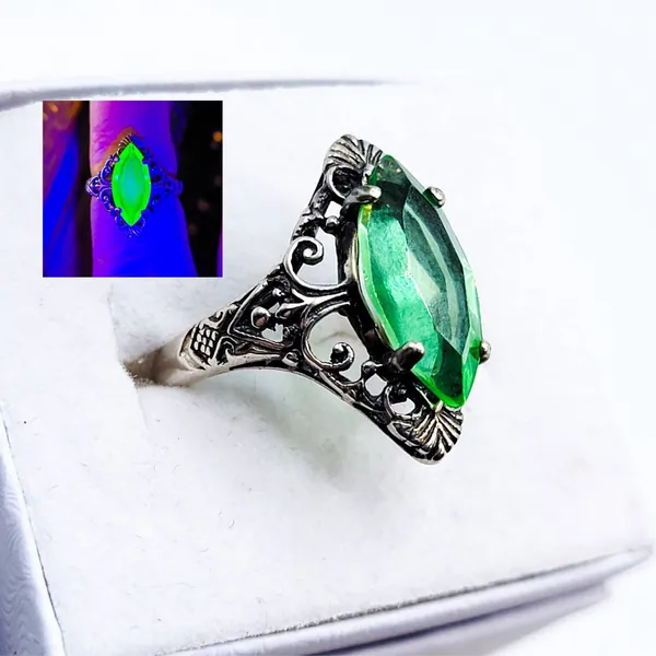 Sterling Uranium Glass Ring Marquise Filigree Green Faceted 925 Silver