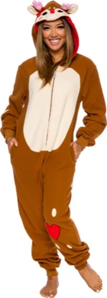 Women's Slim Fit Reindeer One Piece - Plush Adult Holiday Costume Jumpsuit by FUNZIEZ! - X-Large Brown Reindeer