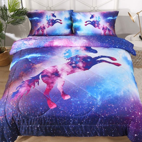 ENJOHOS Galaxy Unicorn Bedding Set Twin Size Purple Blue Space Comforter Kids Girls Sparkly Star Sky Duvet 3 Pieces Ultra Soft Durable Bedspread - Twin-3PCS Dream Horse