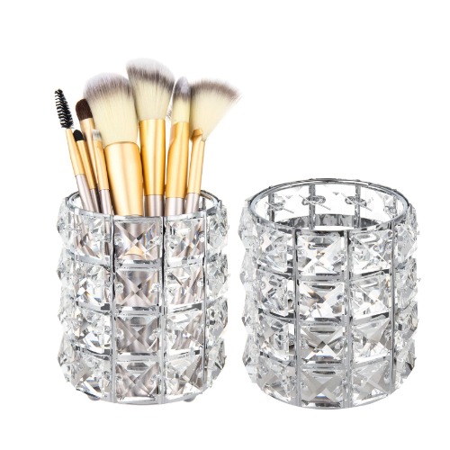 Feyarl 2pcs Crystal Beads Makeup Brush Holder Silver Bling Handcrafted Comb Brush Pen Pencil Holder Pot Cup Storage Cosmetic Tools Organizer Container Candle Holder - Silver