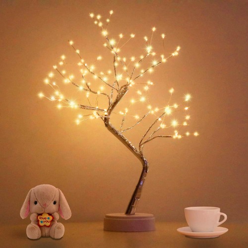 Bonsai Tree Light for Room Decor, Aesthetic Lamps for Living Room, Cute Night Light for House Decor, Good Ideas for Gifts, Home Decorations, Weddings,Christmas, Holidays and More (Warm White, 108 LED) - Pink+Silver Trunk