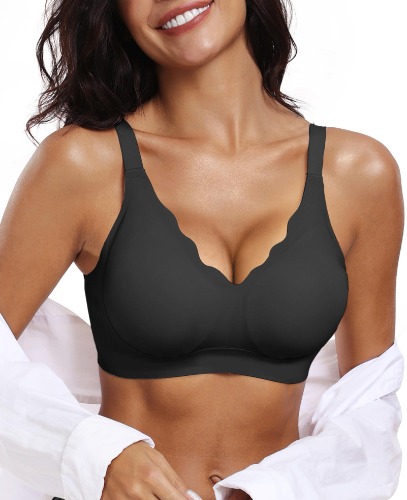 OEAK Womens Wireless Push Up Bras Comfortable Seamless Soft V Neck Brassiere Scalloped Full Coverage Support Everyday Bra - Large - Black