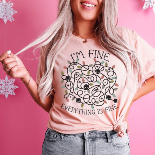I'm Fine Everything Is Fine Christmas Lights Tee - Heather Prism Peach / L