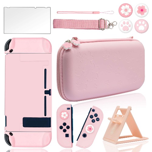 BRHE Cute Travel Carrying Case for Nintendo Switch / Switch OLED Accessories Kit with Hard Protective Cover, Glass Screen Protector, Adjustable Stand and Thumb Grip Caps 10 in 1(Switch Pink) - Switch Pink