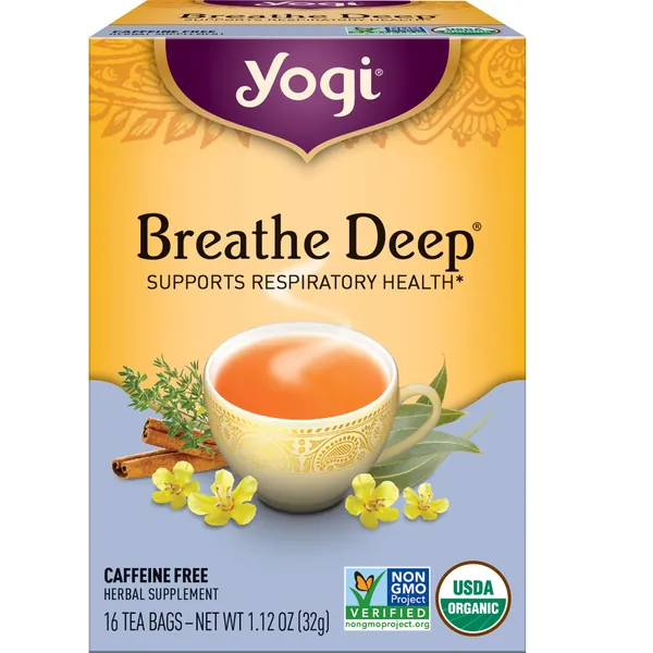 Yogi Tea - Breathe Deep (4 Pack) - Supports Respiratory Health with Eucalyptus, Thyme, and Mullein Leaves - Caffeine Free - 64 Organic Herbal Tea Bags - 