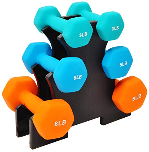 Signature Fitness Neoprene Dumbbell Hand Weights, Anti-Slip, Anti-roll, Hex Shape Colorful, Pair or Set with Stand - Set with Rack: 3/5/8 Pairs