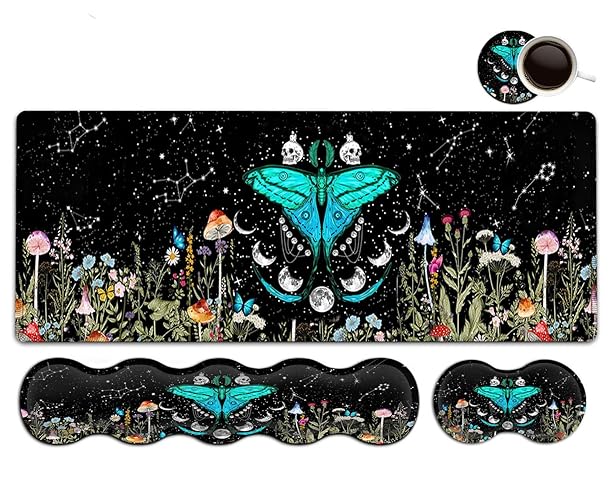 Large Mouse Pad, Ergonomic Mouse Wrist Support + Keyboard Wrist Rest Set+ Extended Gaming Mouse Pad Moth Moon Phase Witchy Office Desk Mat Black Writing Mat Laptop Protector Accessories Desk Pad - Fd-mousepad-5-53