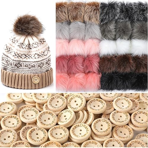 Cinnvoice 130 Pcs Faux Fur Pompoms for Knitted Hats Fluffy DIY Knitting Hat Pompoms with Wooden Handmade Buttons for Sewing Beanie Clothing Crafts Accessories