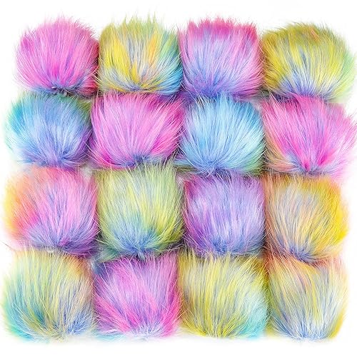 Tatuo 16 Pieces Faux Fur Pom Ball DIY Fur Poms for Hats Shoes Scarves Bag Pompoms Keychain Charms Knitting Hat Accessories(Colorful) - Colorful