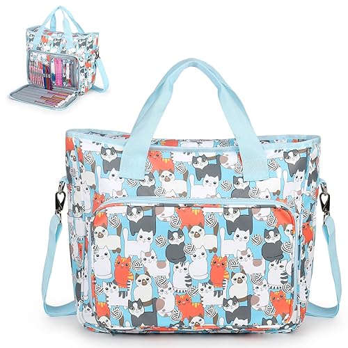 Aeelike Yarn Storage Organizer Travel Crochet Bag, Large Capacity Tote Bag Knitting Bag for Carrying Projects, Knitting Needles, Crochet Hooks and Yarn, Cute Blue Cat - Blue Cat