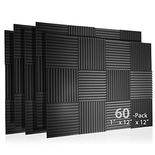 60 Pack Acoustic Panel Polyurethane Foam Sound Proof Acoustic Treatment Room Kit for Absorbing Sound on Walls, 1" X 12" X 12" Sound-proof Material for Home Studio Ceiling (60 PACK) (60PCS) - 60PCS