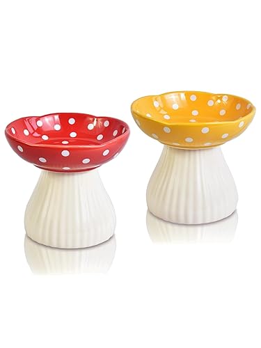 XJYYLX Ceramic Raised Mushroom Cat Bowl Set, Cute Elevated Cat Bowls Whisker Friendly, Raised Cat Dish for Food and Water, Red+Yellow 6" Wide for Adult Cats, Small Dog - Red+Yellow