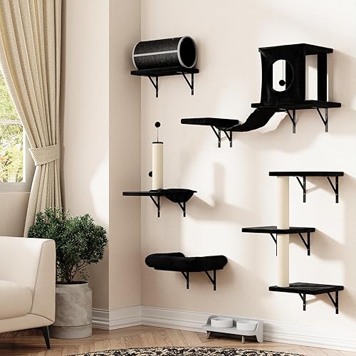 NUNU LAB 7-in-1 Wall Mounted Cat Climber Set, Cat Furniture Set, Cat Climber with Cat House, Tunnel, Bridge, Tree, Steps, Scratcher Board and Hammock, Cat Shelves for Indoor, Luxury Cat Walls(Black) - Black