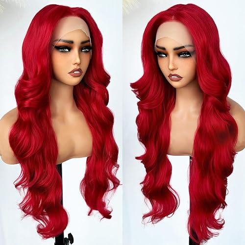 SOKU 28 Inch Long Wave Lace Front Wig Pre Plucked Hairline with Baby Hair Synthetic Wavy Hair Wig Pre Styled Red Glueless Transparent Lace Frontal Wigs for Women Heat Resistant Fibre - #R3373(Red)