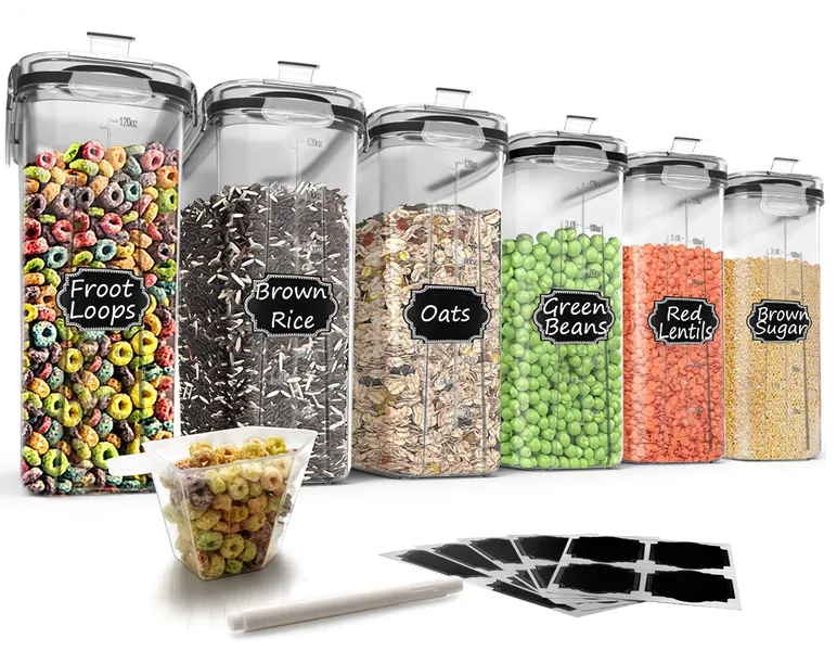 Wildone Cereal Storage Containers Set, Large BPA Free Plastic Airtight Food Storage Containers 4L /135.3oz for Cereal, Flour, Sugar, 6 Piece Set Cereal Dispensers with 20 Labels & Marker, Black