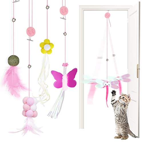 GeeRic 5 Pack Interactive Cat Feather Toys, Over-The-Door Cat Toys Retractable Cat Teaser Toy Hanging Interactive Cat Toys for Indoor Cats Kitten Play Chase Exercise Interactive Elastic Rope Cat Teasers