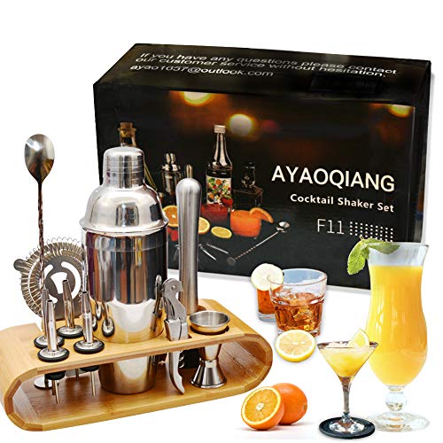 Cocktail Making Set,Cocktail Shaker Set 750ml Stainless Steel Bar Tool Set Bartender Kit with Wooden Display Stand by AYAOQIANG