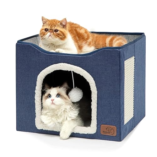 Bedsure Cat Beds for Indoor Cats - Large Cat Cave for Pet Cat House with Fluffy Ball Hanging and Scratch Pad, Foldable Cat Hideaway,16.5x16.5x13 inches, Blue - Single - Blue