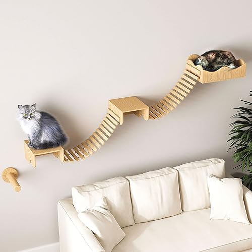 JanYoo Kletterwand Katzen Hängematte Set Katzenbett Wand Wandkratzbaum für Katzen Katzenmöbel Hängebrücke Katzentreppe Katzenleiter